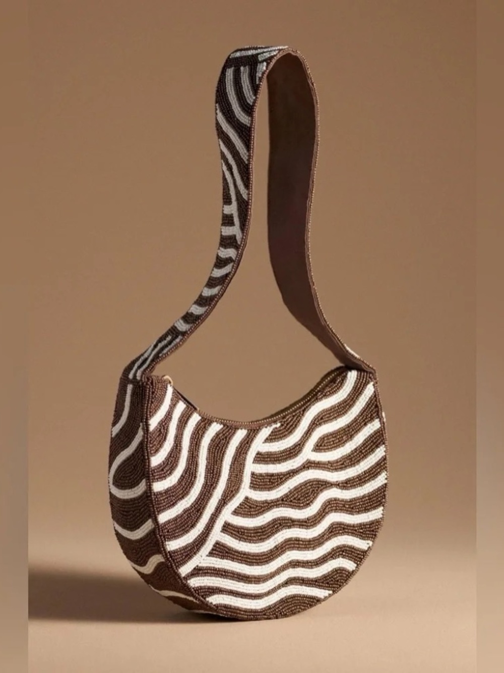 Anthropologie Crescent Beaded Zebra Brown White Bag NWOT